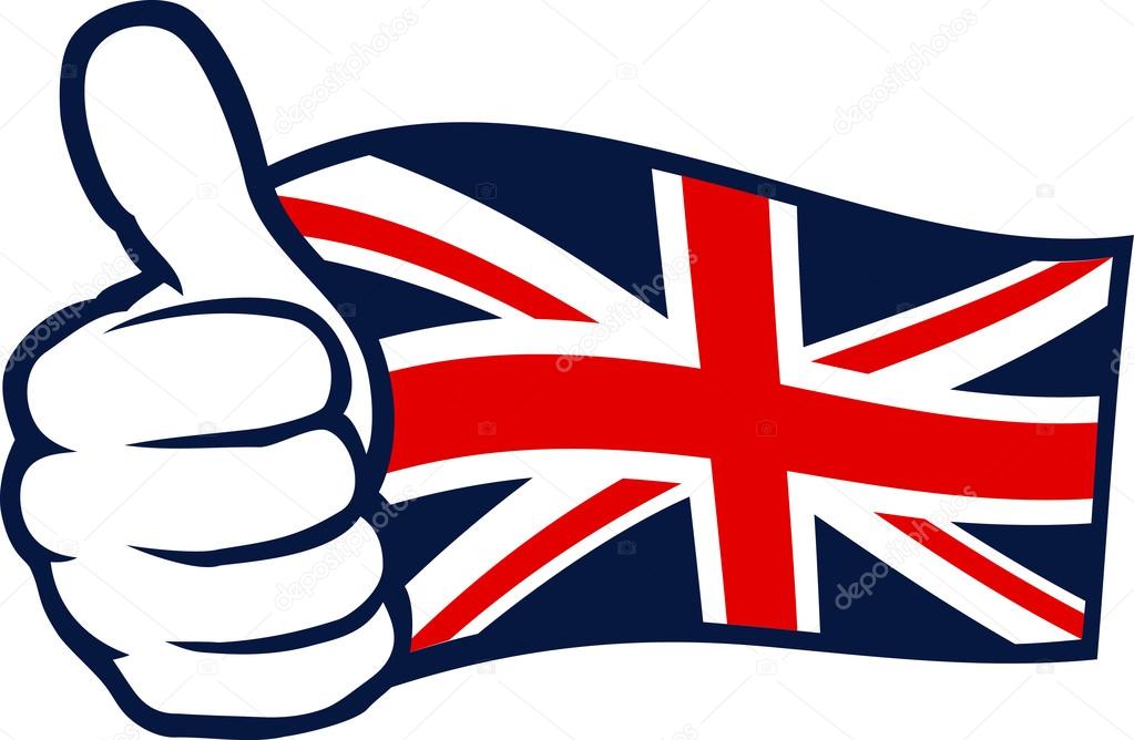 United Kingdom flag (Flag of United Kingdom of Great Britain and Northern Ireland, UK flag). Hand showing thumbs up.