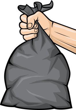 Hand holding black plastic trash bag clipart
