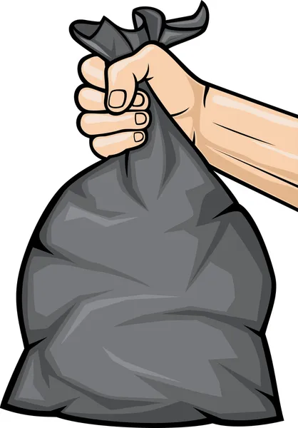 Mano sosteniendo bolsa de basura de plástico negro — Vector de stock