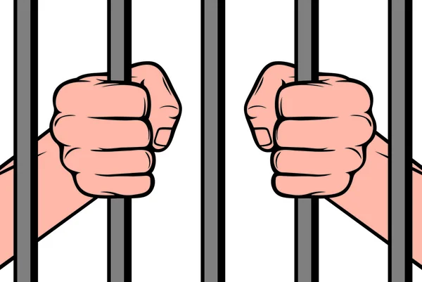Manos que sostienen las barras de la prisión (mano detrás de las barras de la prisión, mano en la cárcel) — Vector de stock