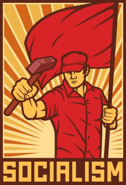 Worker holding flag and hammer clipart