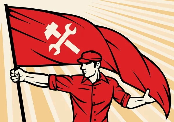 Trabajador con bandera — Vector de stock