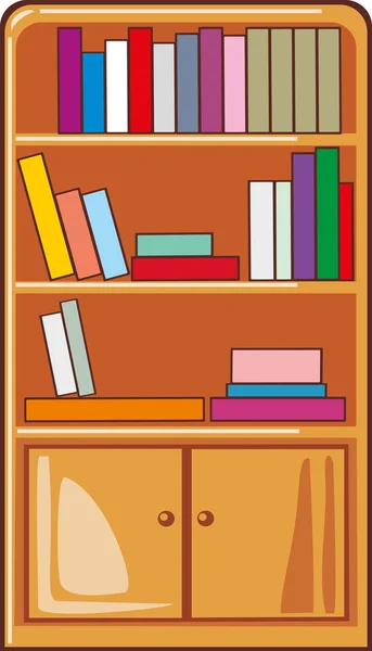 Libros en estantes de madera — Vector de stock