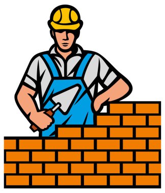 Mason with brick and trowel in hand vector