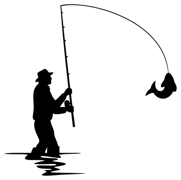 Fisherman caught a fish silhouette — Stock Vector