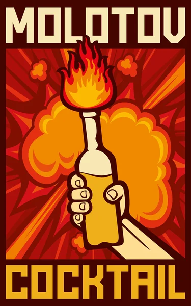 Mão segurando um cartaz de coquetel molotov — Vetor de Stock