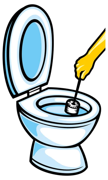 Hand in gelben Gummihandschuh reinigt Toilettenschüssel mit Bürste — Stockvektor