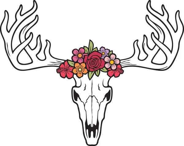 Hjortskalle Med Blommor Vektor Illustration — Stock vektor