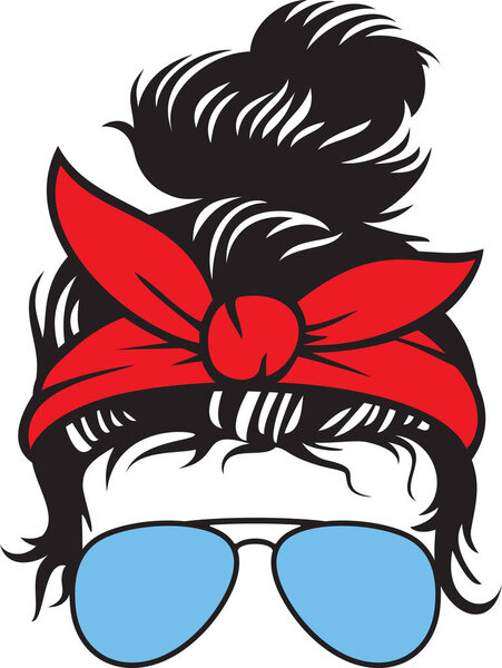 Messy Bun with aviator sunglasses (Bandana, Headbands, Mom life). Vector illustration.