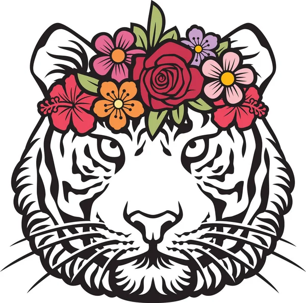 Testa Tigre Con Fiori Vettoriale Illustrazione — Vettoriale Stock