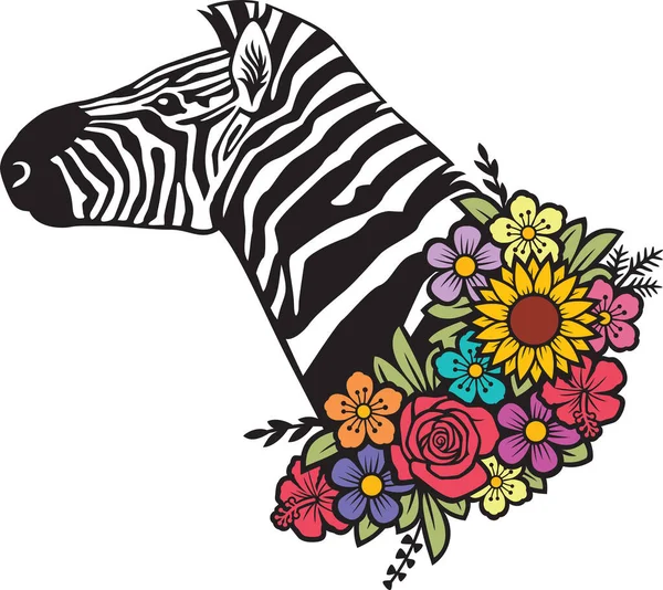 Zebrakopf Mit Blumen Vektor Illustration — Stockvektor