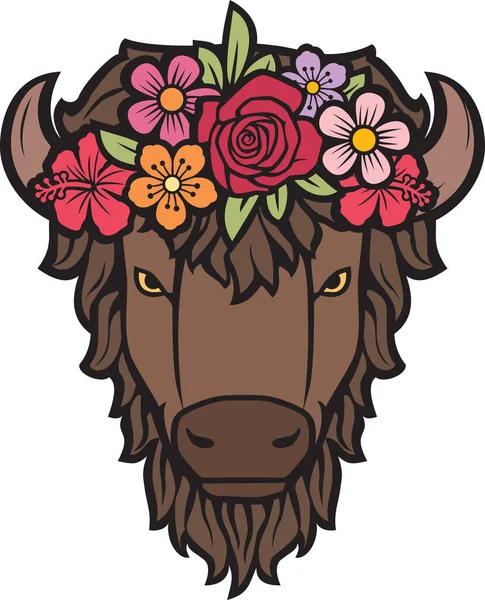 Bison Huvud Med Blommor Vektor Illustration Blommig Amerikansk Bufflar — Stock vektor