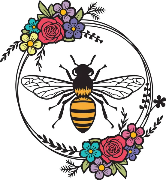 Color Del Marco Abeja Círculo Floral Ilustración Vectorial — Vector de stock