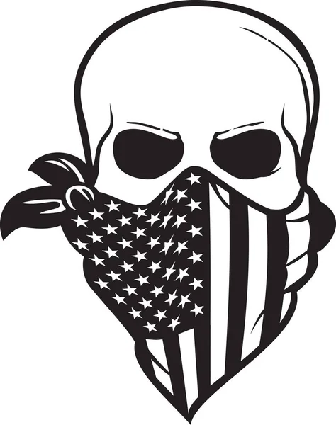 Crânio Humano Com Bandana Bandeira Americana Preto Branco Ilustração Vetorial — Vetor de Stock