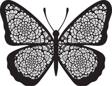 Mandala kelebeği (Boho tasarımı) siyah ve beyaz. Vektör illüstrasyonu.