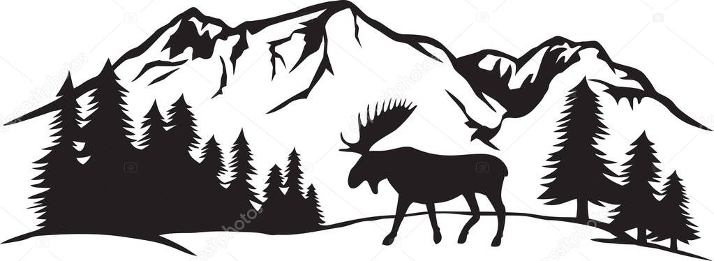Moose in mountains black and white vector illustration