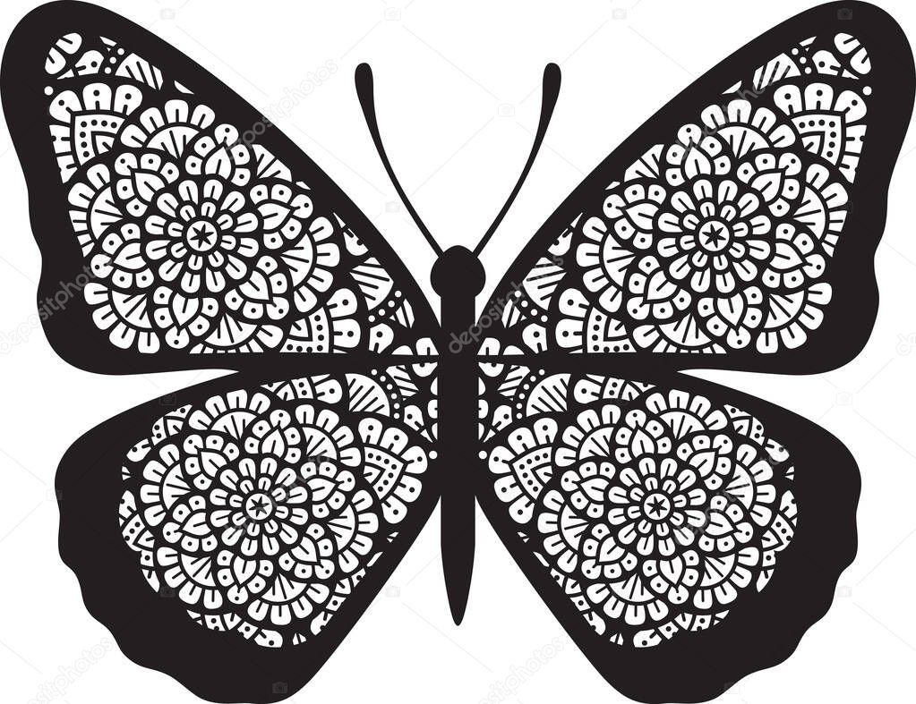Mandala butterfly (Boho design) black and white. Vector illustration.