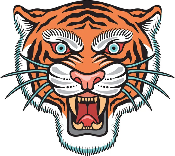 Tête Tigre Traditionnelle Tatouage Vieille École Chat Sauvage Asiatique Illustration — Image vectorielle