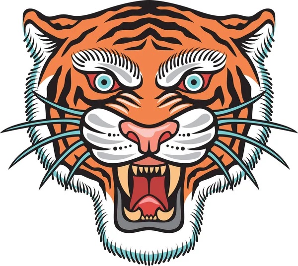 Traditional Tiger Head Old School Tattoo Design Asian Wild Cat — Stock Vector