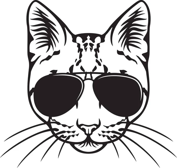 Cara Gato Com Óculos Sol Aviador Preto Branco Ilustração Vetorial — Vetor de Stock