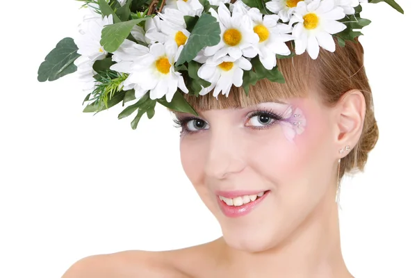 Menina bonita em coroa floral sobre branco — Fotografia de Stock