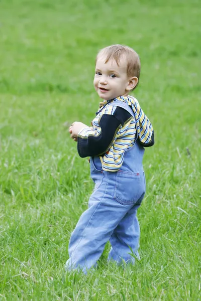 Bonito bebê menino no grama fundo — Fotografia de Stock