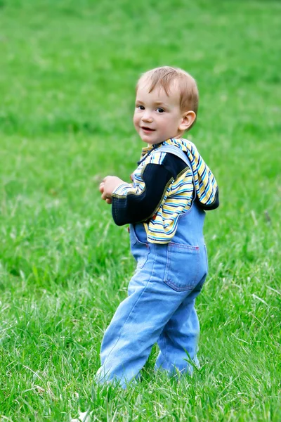 Lächelnder kleiner Junge auf natürlichem Hintergrund — Stockfoto