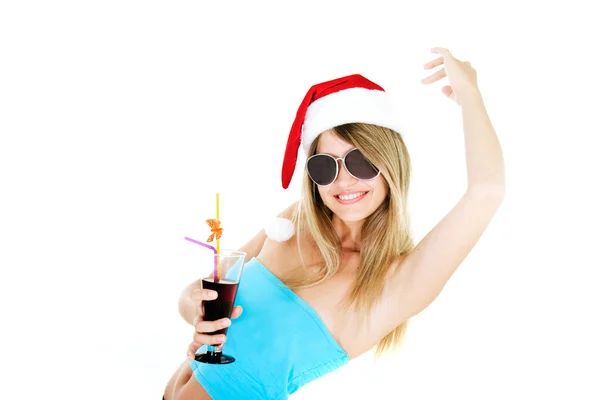 Happy santa girl with glass of juice over white — Stock Photo, Image