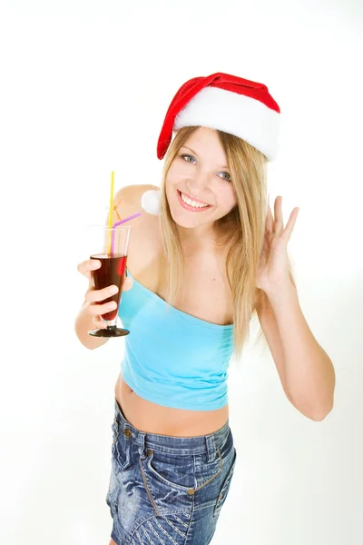 Santa girl with glass of juice over white — Stock Photo, Image