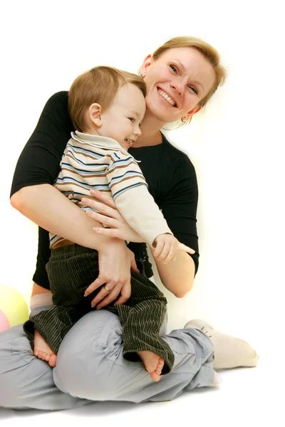 Mãe e filho sobre branco — Fotografia de Stock