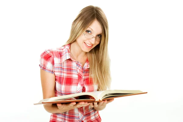 Attractive girl reading book over white — Stock Photo, Image