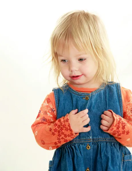 Söta barn girl över vita porträtt — Stockfoto