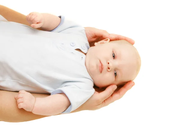 Baby in parent's hands over white — Stock Photo, Image