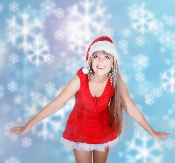 Attractive santa girl on xmas background — Stock Photo, Image