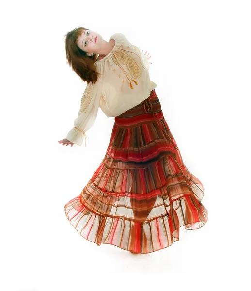 A tánc a lány a hagyományos ruhák felett fehér — Stock Fotó