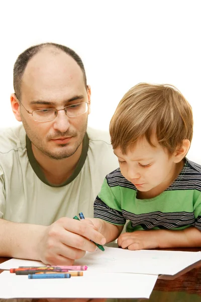 Father and son drawing over white — Stock Photo, Image