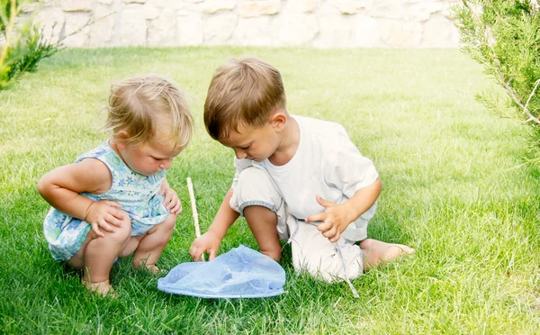 Two kids playing with butterfly net — Stock Photo, Image