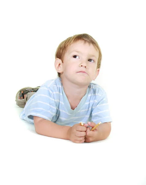 Sevimli çocuk üzerinde beyaz döşeme — Stok fotoğraf