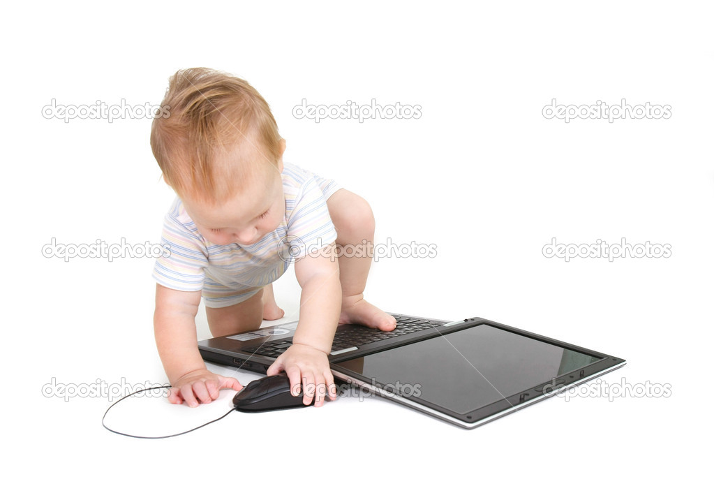 baby with laptop over white