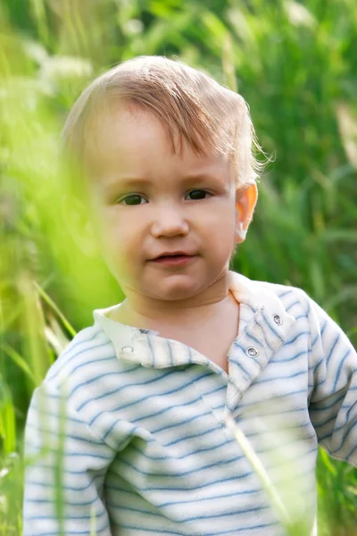 Förbryllad baby boy i högt gräs — Stockfoto