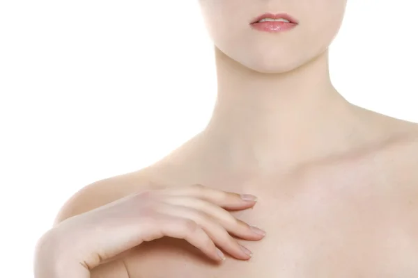 Close up of beautiful young woman over white — Stock Photo, Image