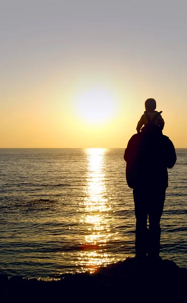 Baba ve oğul günbatımı denizde — Stok fotoğraf