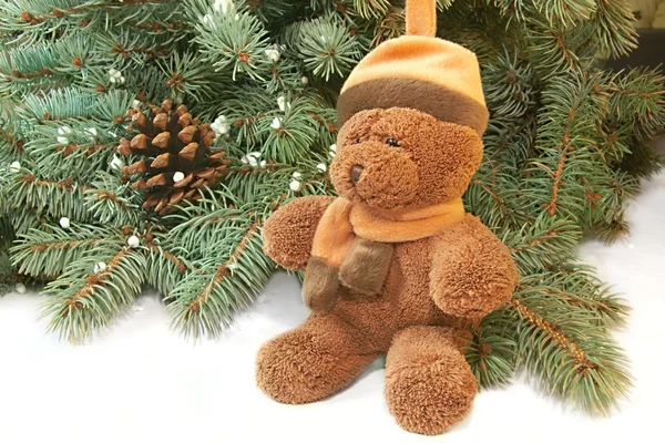 Xmas tree and teddy bear — Stock Photo, Image