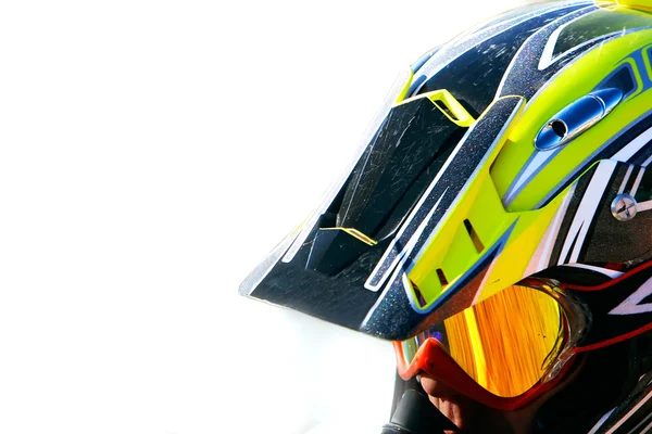 Portret van racer in helm close-up over Wit — Stockfoto