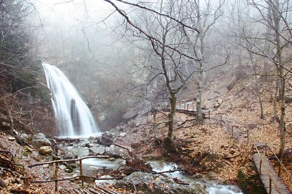 Waterfall in foggy autumn forest — Stock Photo, Image