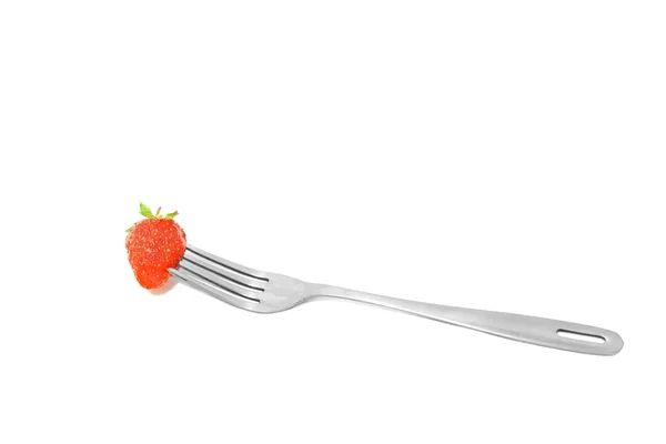 Fork with strawberry over white — Stock Photo, Image