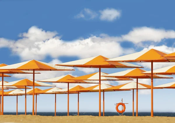 Un sacco di ombrelloni luminosi sulla spiaggia di sabbia — Foto Stock