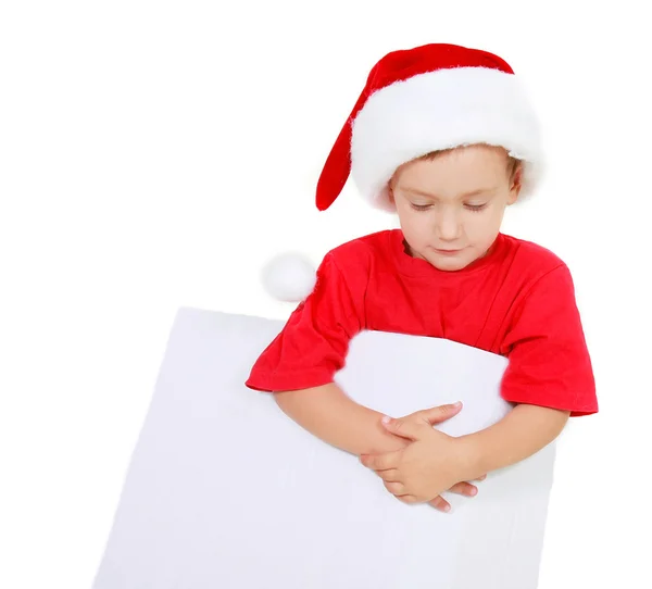 Santa boy with blank banner for greetings over white — Stock Photo, Image