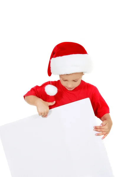 Santa boy with blank banner for greetings over white — Stock Photo, Image