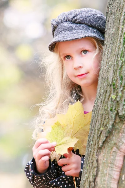 Beautiful young girl with autumn leaves in hands — Stock Photo, Image